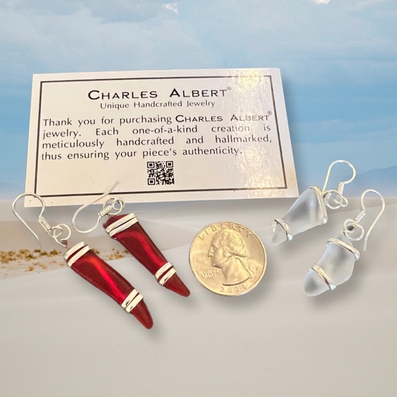 Red and White  Pompano Beach Glass Freeform Pierced Earrings - Picture 4 of 4